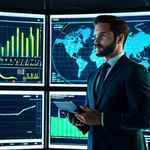 A confident financial professional in a modest business suit, fully clothed, appropriate attire, standing in a futuristic, sleek financial office. Large transparent digital screens display complex, glowing data visualizations, charts, and AI-driven predictive models. The professional interacts with a holographic interface, appearing focused and in control. The atmosphere is professional and high-tech, illuminated by ambient blue and green light from the screens. professional photography, high quality, highly detailed, realistic, cinematic lighting, ultra HD, safe for work, appropriate content, fully clothed, professional, perfect anatomy, correct proportions, natural pose, well-formed hands, proper finger count, natural body proportions.