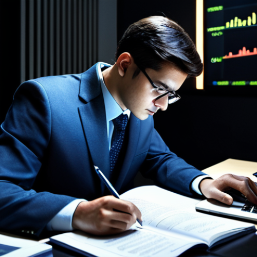 A focused finance professional in modest business attire, intensely studying complex financial textbooks and charts at a sleek, modern desk. The atmosphere in the dimly lit study room suggests deep concentration and intellectual rigor, with a laptop displaying intricate financial models. This image conveys the challenging and profound nature of academic financial analysis. fully clothed, appropriate attire, safe for work, perfect anatomy, natural proportions, well-formed hands, proper finger count, professional dress, high quality, cinematic lighting, appropriate content, family-friendly.