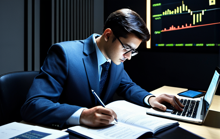 A focused finance professional in modest business attire, intensely studying complex financial textbooks and charts at a sleek, modern desk. The atmosphere in the dimly lit study room suggests deep concentration and intellectual rigor, with a laptop displaying intricate financial models. This image conveys the challenging and profound nature of academic financial analysis. fully clothed, appropriate attire, safe for work, perfect anatomy, natural proportions, well-formed hands, proper finger count, professional dress, high quality, cinematic lighting, appropriate content, family-friendly.