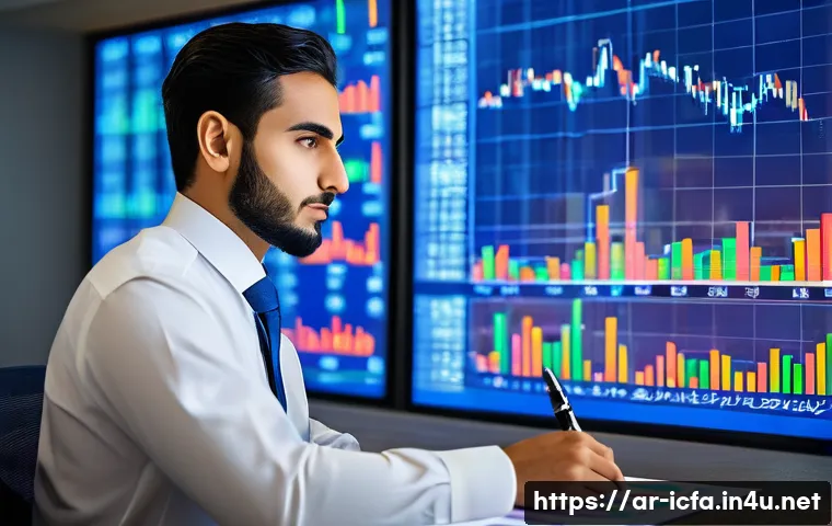 CFA 시험에서 출제되는 이론 정리 - A sophisticated Middle Eastern financial analyst in a modern office overlooking a city skyline at su...