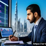 CFA와 경제학의 접점 - A modern Middle Eastern financial analyst wearing business attire, sitting at a sleek desk with mult...