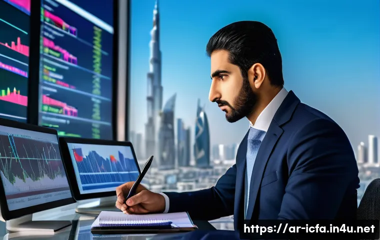 CFA와 경제학의 접점 - A modern Middle Eastern financial analyst wearing business attire, sitting at a sleek desk with mult...