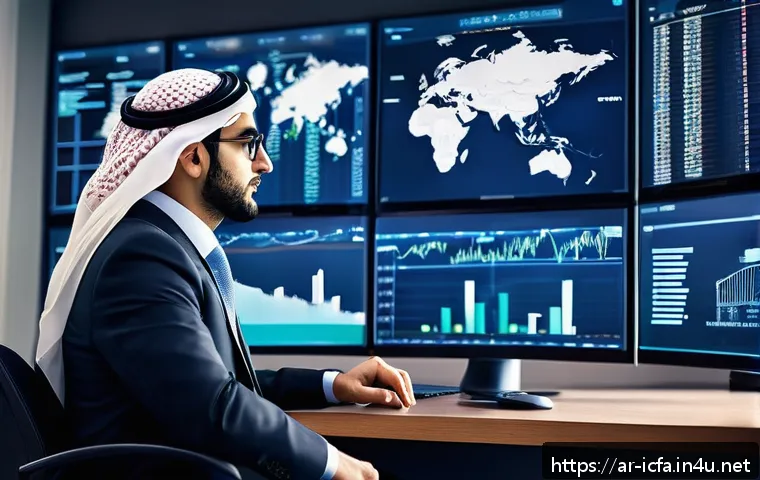 CFA 자격증으로 진출 가능한 직무 - A professional Arab male financial analyst in a modern office setting, wearing a tailored business s...