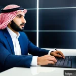 CFA 시험 중 금융 윤리 사례 - A professional Middle Eastern financial advisor in traditional attire sitting at a modern office des...