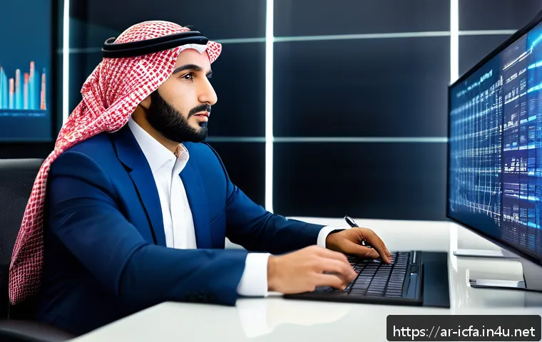CFA 시험 중 금융 윤리 사례 - A professional Middle Eastern financial advisor in traditional attire sitting at a modern office des...