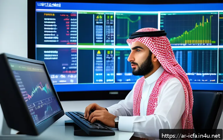 CFA와 투자 분석 직무의 연결성 - A professional Middle Eastern financial analyst in a modern office setting, wearing business attire ...