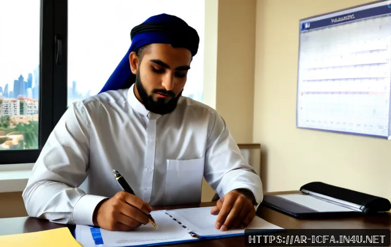 CFA 시험 후 취업 시기 - Photorealistic Gulf Arab finance graduate in modest professional attire sitting at a clean home offi...