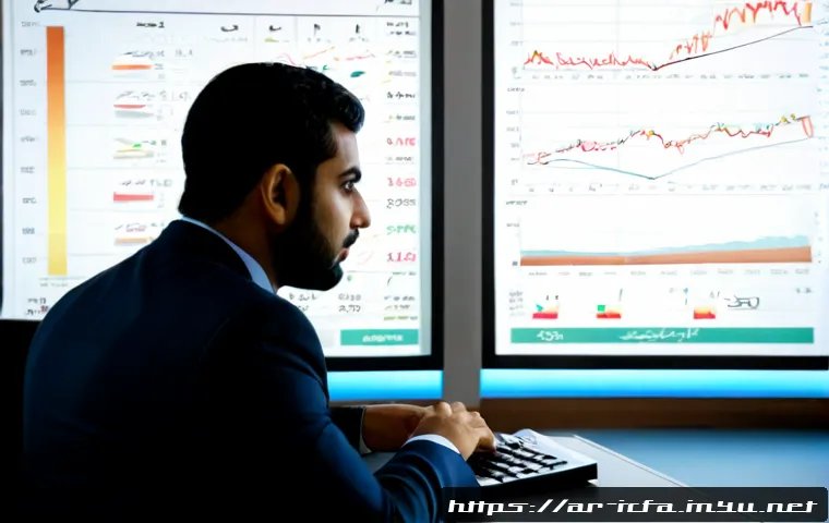 CFA와 AI 투자 분석의 활용 - Photorealistic financial analyst in a tailored business suit reviewing investment data beside an AI-...